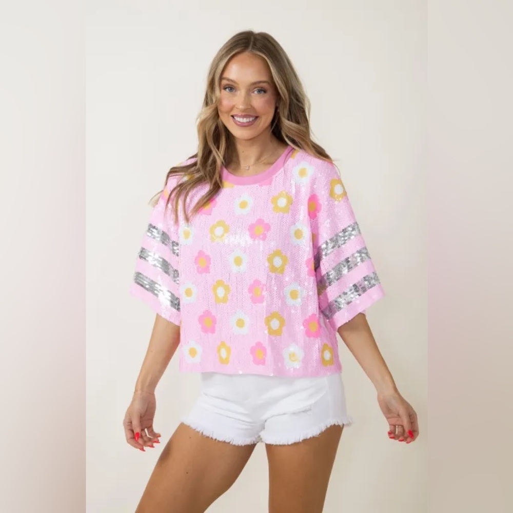Simply Southern Floral Sequin Preppy Jersey Blouse Top